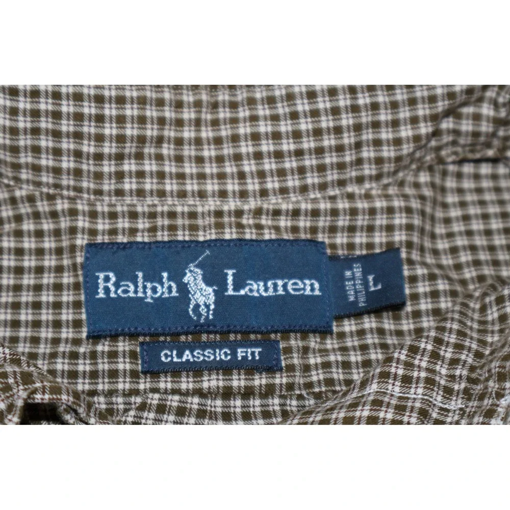 Polo Ralph Lauren Shirt Mens Large Brown Gingham Classic Fit Long Sleeve